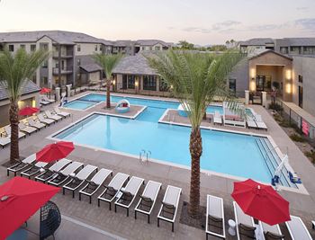 a swimming pool with chairs and palm trees